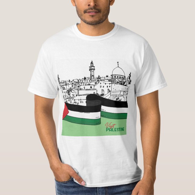 Palestinas flagga och gamla hus som dras för hand t shirt (Framsida)