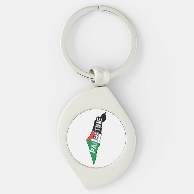 Palestinas fria Flagga på Palestina Karta Swirl Silverfärgad Nyckelring (Framsidan)