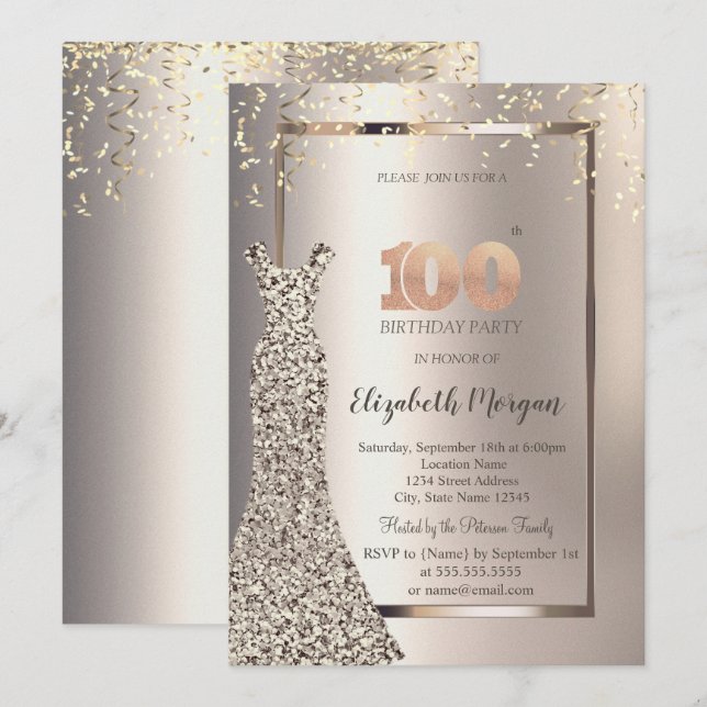 Paljettkjol Konfetti Elfenben 100-årsdag Inbjudningar (Fram/baksida)