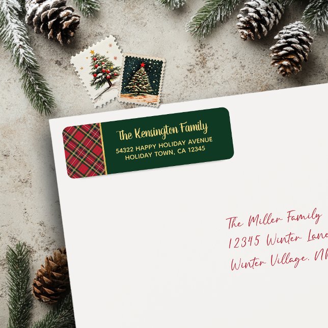 Pällig guldfärgad julklapp, Returadress Etikett (Plaid Gold Foil Script Christmas Return Address Labels)