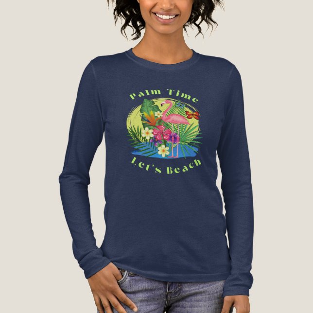 Palm and Flamingo Navy Long Sleeve TShirt T Shirt (Framsida)