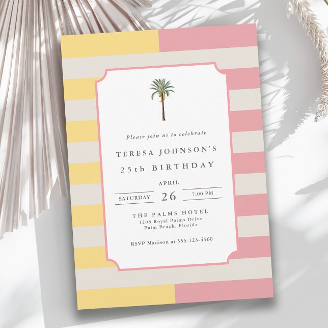 Palm Beach Pastel Stripe Tropical 25th Birthday Inbjudningar (Available in both printed and instant download digital formats.)