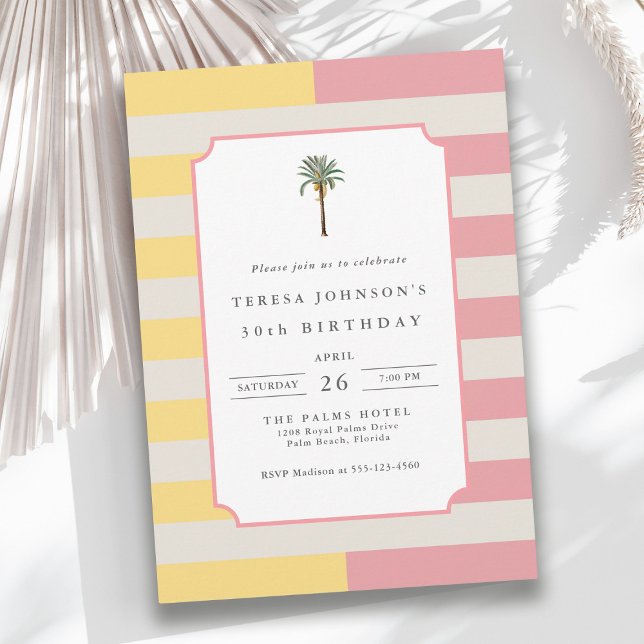 Palm Beach Pastel Stripe Tropical 30th Birthday Inbjudningar (Available in both printed and instant download digital formats.)