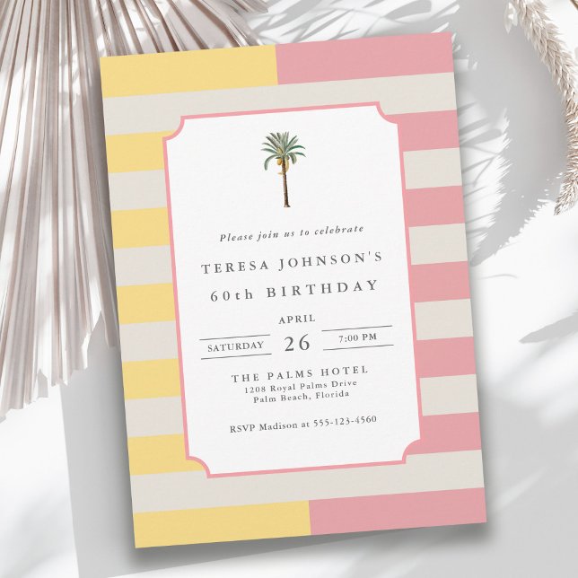 Palm Beach Pastellrandig Tropisk 60-årsdag Inbjudningar (Available as both printed and instant download digital formats.)