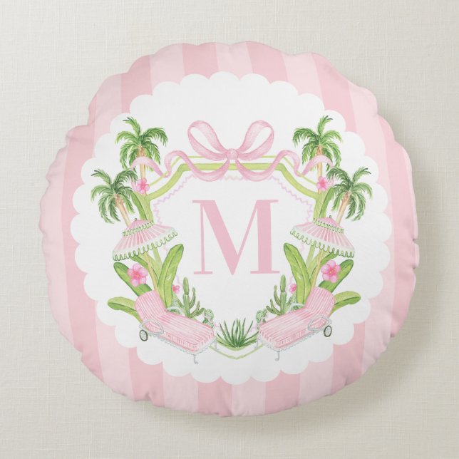 Palm Beach Rosa Loungers Monogram-vapen Rund Kudde (Framsidan)