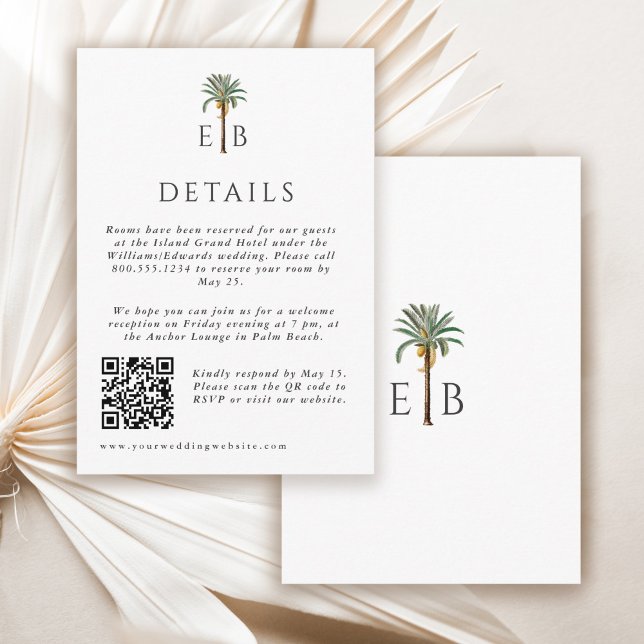 Palm Elegant Tropical Monogram Wedding Details Tilläggskort (Skapare uppladdad)