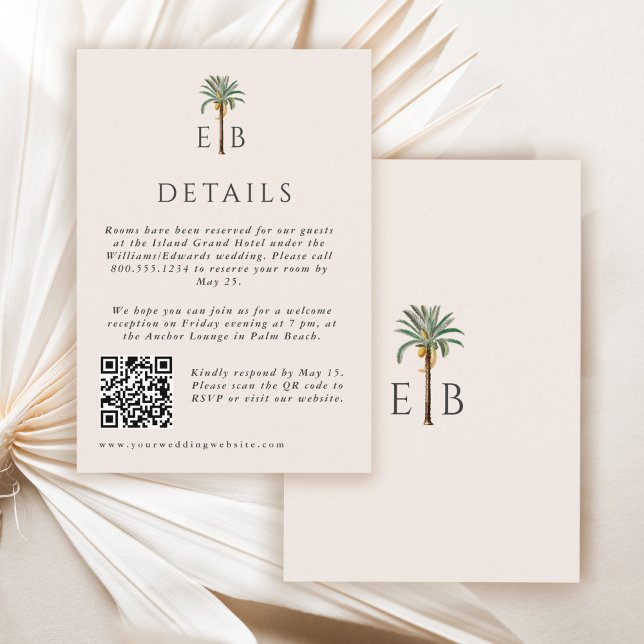 Palm Elegant Tropisk Monogram Bröllopsdetaljer Tilläggskort (Skapare uppladdad)