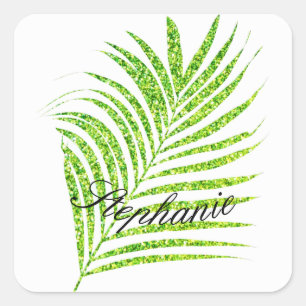 Palm lämnar Glittery Green Custom Name Cute Fyrkantigt Klistermärke