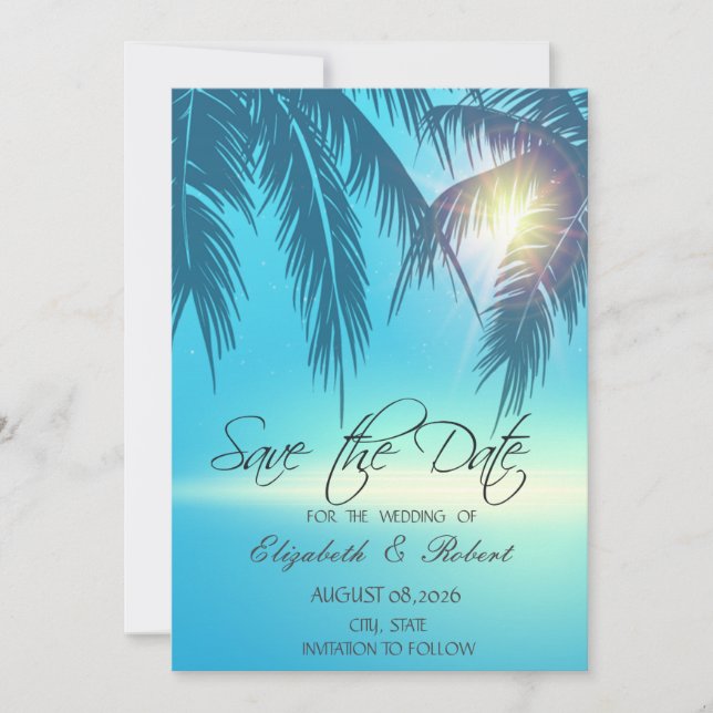 Palm Leaves Beach Blue Save The Date Spara Datumet (Framsida)