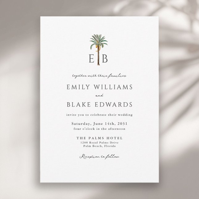 Palm Logo Elegant Tropical Monogram Wedding Inbjudningar (Skapare uppladdad)