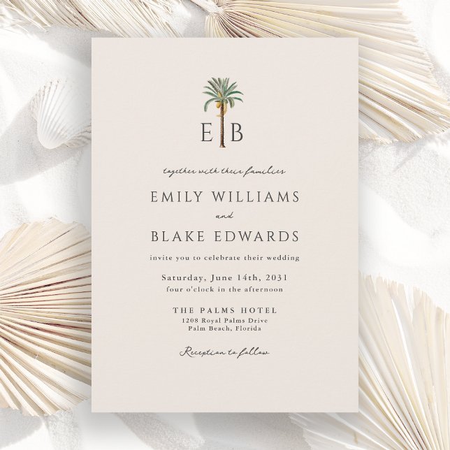 Palm Logo Elegant Tropical Monogram Wedding Inbjudningar (Skapare uppladdad)