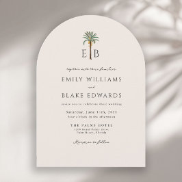 Palm Logotyp Elegant Båge Tropisk Monogram Bröllop Inbjudningar