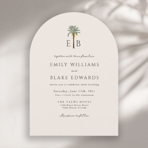 Palm Logotyp Elegant Båge Tropisk Monogram Bröllop Inbjudningar