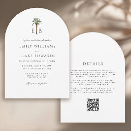 Palm Monogram Elegant Arch Tropical Wedding QRCode Inbjudningar