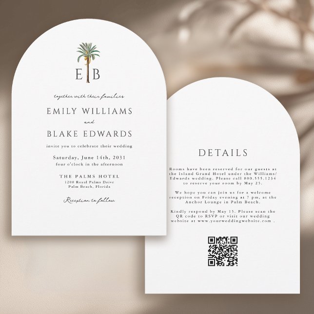 Palm Monogram Elegant Arch Tropical Wedding QRCode Inbjudningar (Skapare uppladdad)