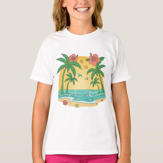 Palm Paradise Tropical Beach Girls T-Shirt (Framsida)
