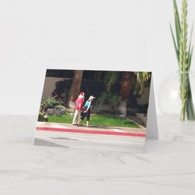 Palm Spring trottoar Santa & Fru Claus? Helgkort (Framsida)