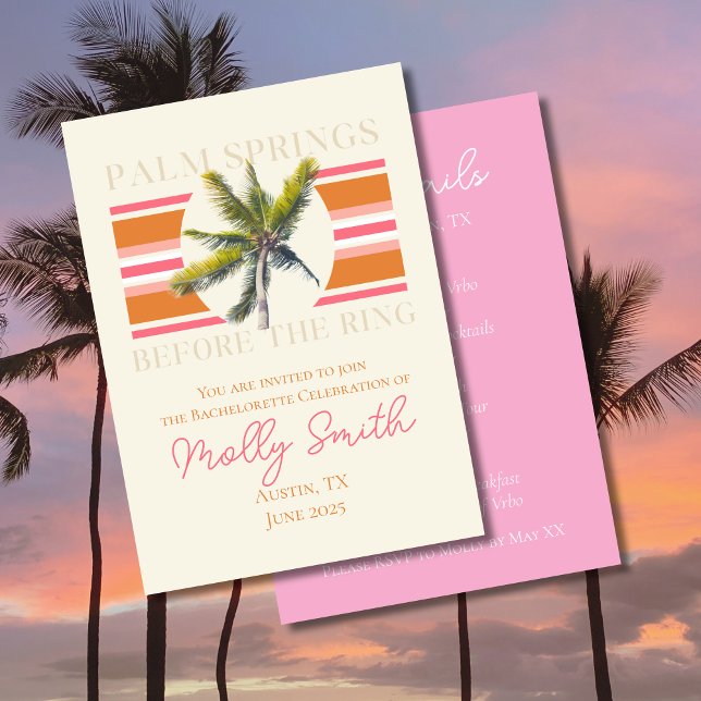 Palm Springs före ringen – Retro möhippa Inbjudningar (Palm Springs before the Ring invite with modern font – perfect for bachelorette or celebrations!)