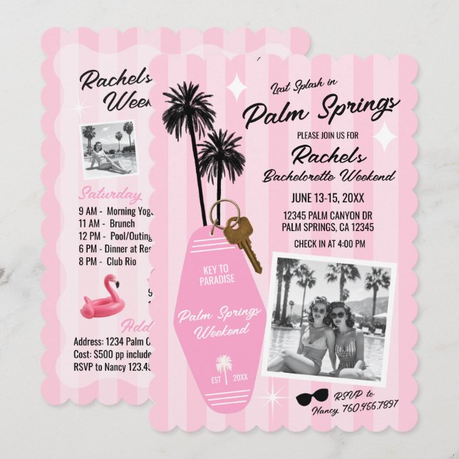 Palm Springs Möhippa Weekendutflykt (Rosa) Inbjudningar (Fram/baksida)