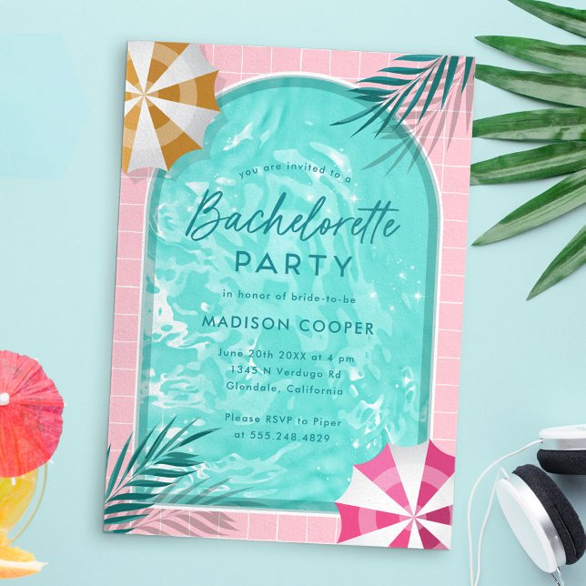 Palm Springs Sängkammarparty Poolparty Rosa Inbjudningar (Palm Springs bachelorette pool party invitation template)