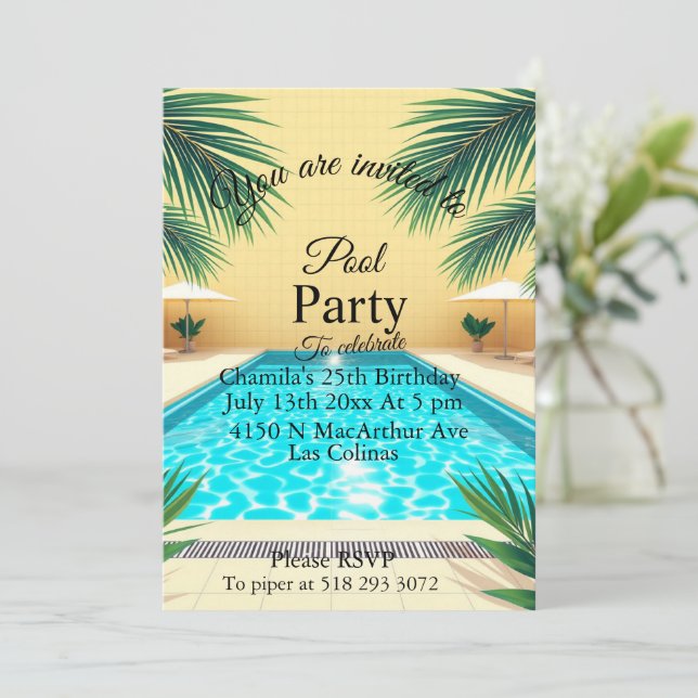 Palm Springs Sommar Pool Party Rosa Födelsedagsfir Inbjudningar (Stående Fram)