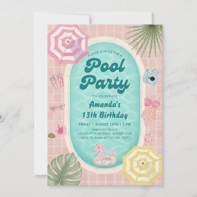 Palm Springs sommar poolparty födelsedagsinbjudan Inbjudningar (Framsida)