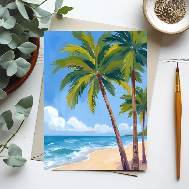 Palm Tree Beach | Tropical Watercolor Blue Card (Skapare uppladdad)