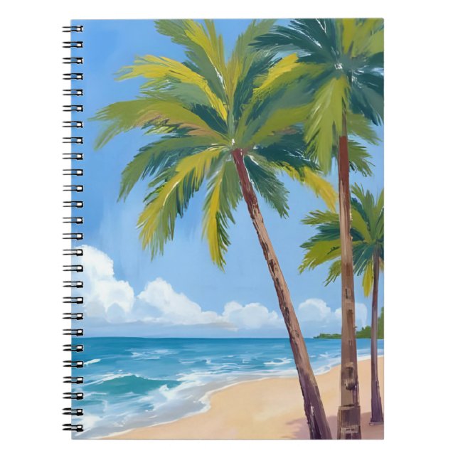 Palm Tree Beach | Tropical Watercolor Blue Painted Anteckningsbok (Framsidan)