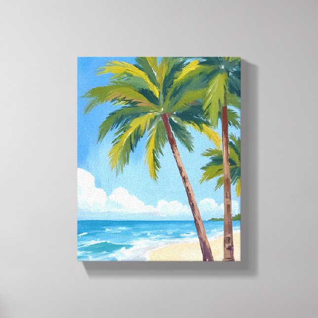 Palm Tree Beach | Tropical Watercolor Blue Sky Canvastryck (Framsida)