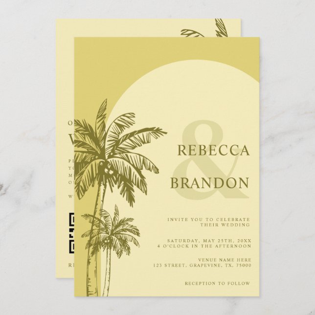 Palm Tree Boho Beach Yellow QR Code Wedding Inbjudningar (Fram/baksida)