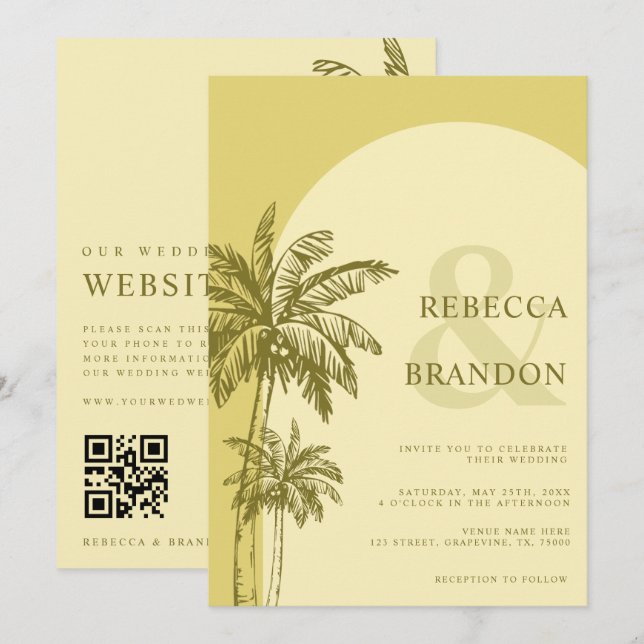 Palm Tree Boho Strand Gult QR-kod Bröllop Inbjudningar (Fram/baksida)