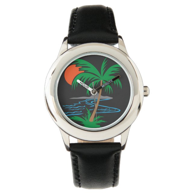 Palm Tree by the River | Tropical Sunset Art Armbandsur (Framsida)