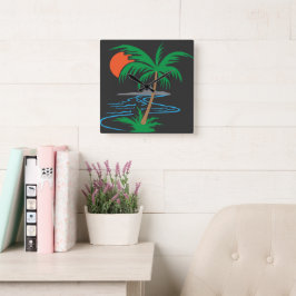Palm Tree by the River | Tropical Sunset Art Fyrkantig Klocka