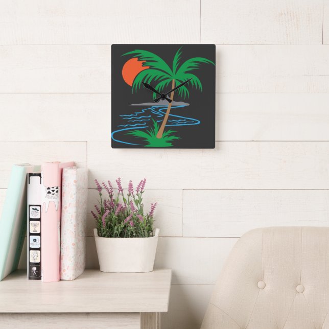 Palm Tree by the River | Tropical Sunset Art Fyrkantig Klocka (Läsesal)