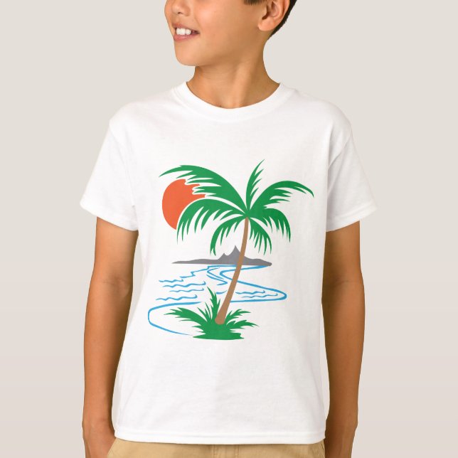 Palm Tree by the River | Tropical Sunset Art T Shirt (Framsida)