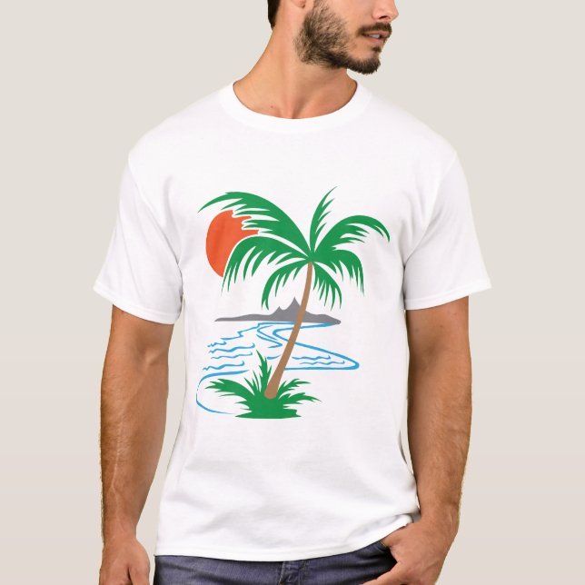 Palm Tree by the River | Tropical Sunset Art T Shirt (Framsida)