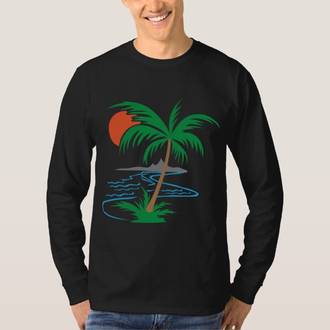 Palm Tree by the River | Tropical Sunset Art T Shirt (Framsida)