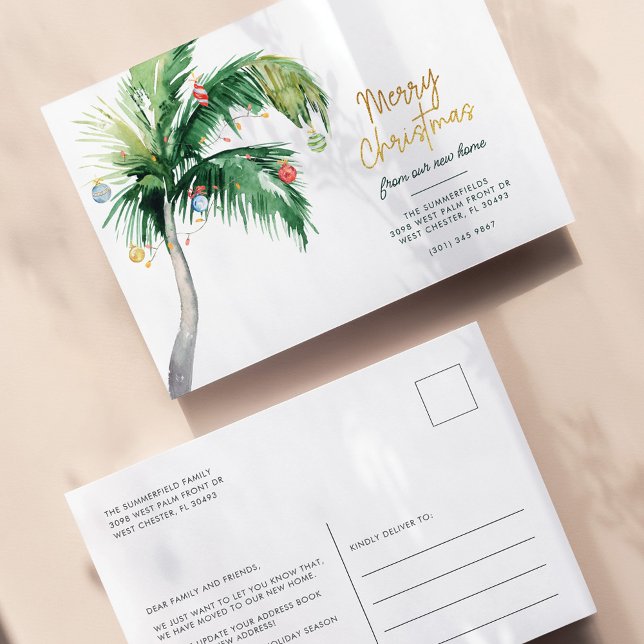 Palm Tree Coastal Jul Holiday Flytt Meddelande Vykort (Coastal Palm Tree Holidays Moving Announcement Postcard)