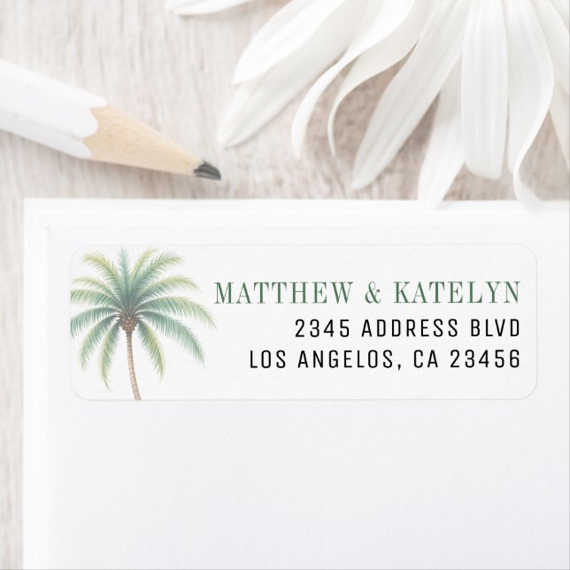 Palm Tree Island Destination Green Wedding Returadress Etikett (Insitu)