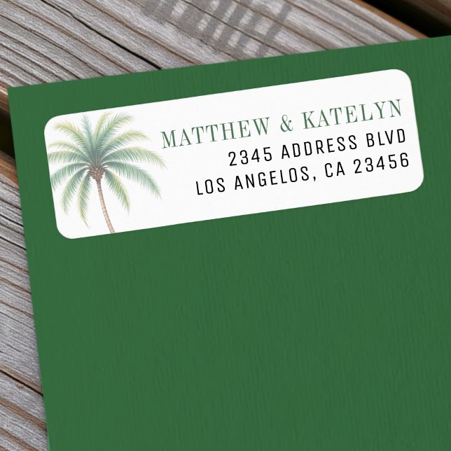 Palm Tree Island Destination Green Wedding Returadress Etikett (Palm Tree Island Destination Green Wedding Label
)