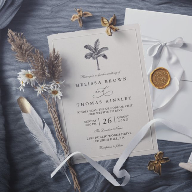 Palm Tree Minimalist Destination QR Code Wedding Inbjudningar (Skapare uppladdad)