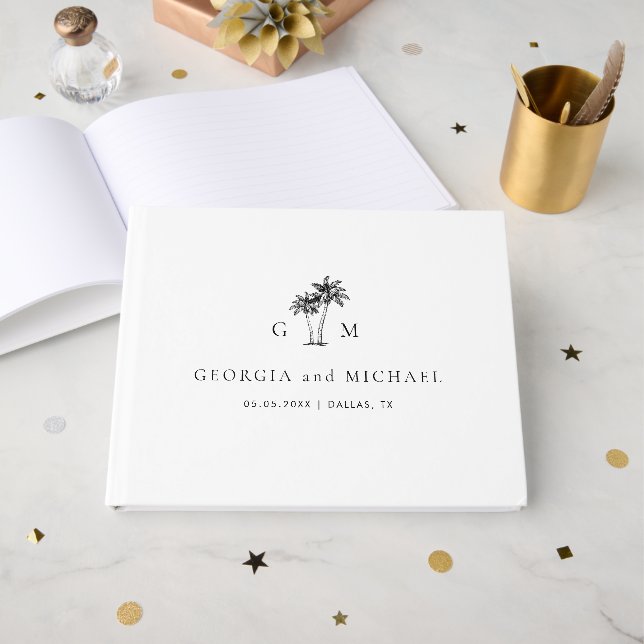 Palm Tree Monogram Elegant Beach Wedding Gästböcker (Framsida Öppen)