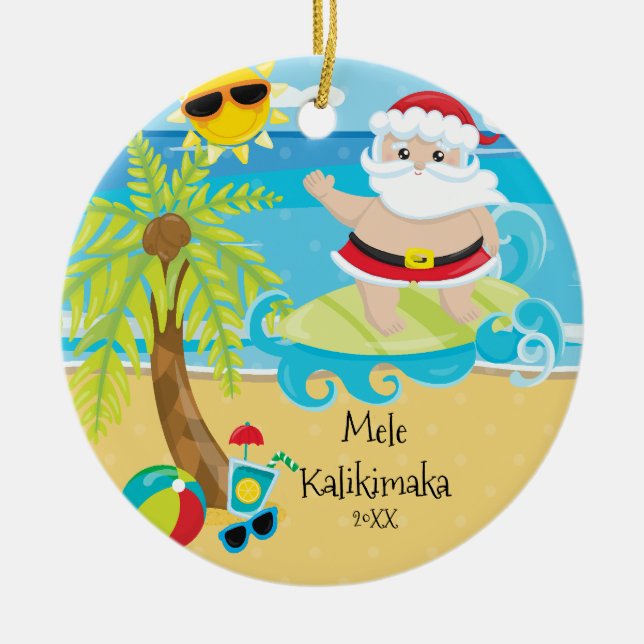 Palm Tree Surfing Tomte Hawaiian Jul Julgransprydnad Keramik (Framsidan)