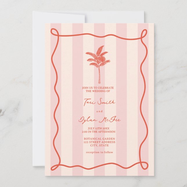 Palm Tree Swirl Pink Stripe Tropical Wedding Inbjudningar (Framsida)