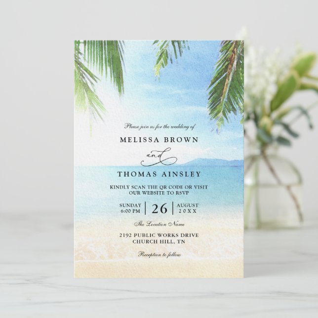 Palm Tree Tropical Island Beach QR Code Wedding Inbjudningar (Stående Fram)