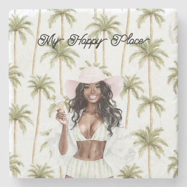 Palm Trees Happy Place Black Lady Bathing Suit Stenunderlägg (Framsidan)