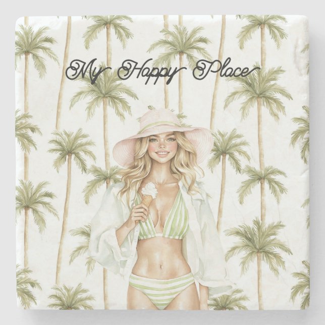 Palm Trees Happy Place Blond Lady Bathing Suit Stenunderlägg (Framsidan)