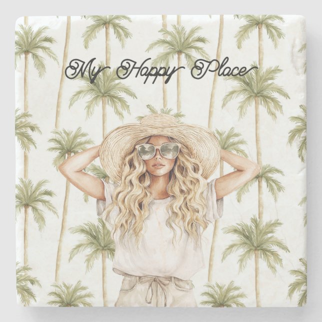 Palm Trees Happy Place Blond Lady Hat Stenunderlägg (Framsidan)