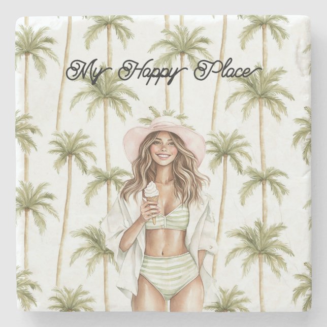 Palm Trees Happy Place Brown Hair Bathing Suit Stenunderlägg (Framsidan)