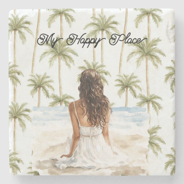 Palm Trees Happy Place Brown Hair Lady Dress Stenunderlägg (Framsidan)